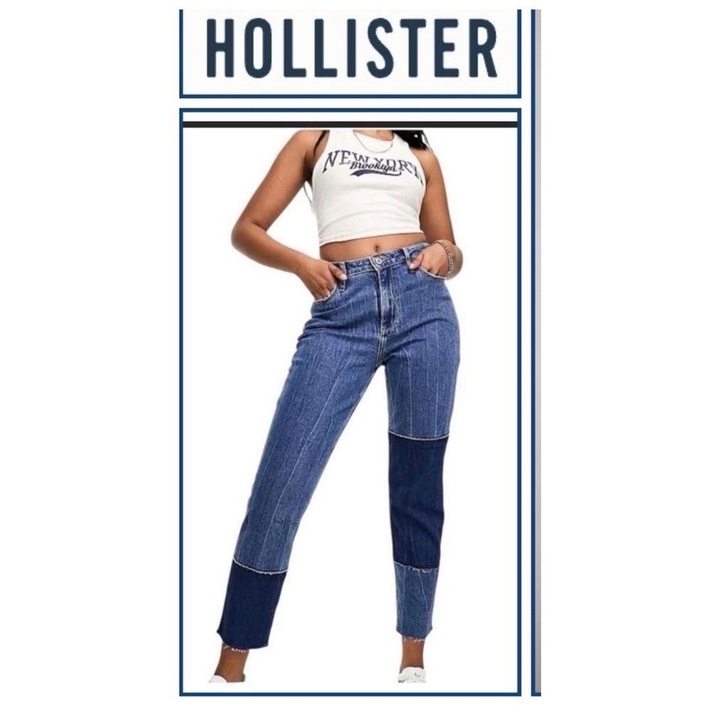 Hollister Curvy High Rise Mom Jeans Blue Patchwork Pinstripe W29 L29 9L